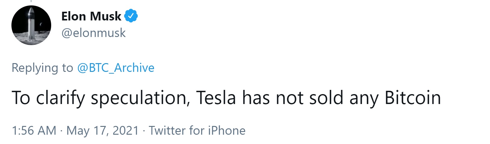 Elon Musk Discloses 'Tesla Has Not Sold Any Bitcoin'