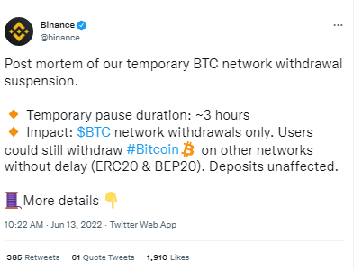 Binance Reveals Incident That Forced It to Freeze BTC Withdrawals