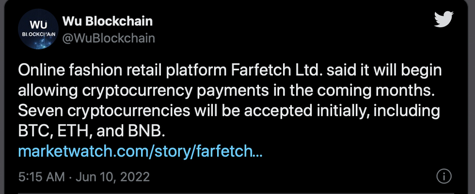 Report: luxury fashion retailer Farfetch to Accept Crypto Assets for Payments